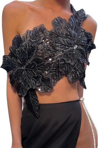 Women 3D Flower Decor Crop Top DIY Tie Up Backless Shimmering Cami Tanks Sparkly Bandeau Tube Tops Rave Club in Kuwait