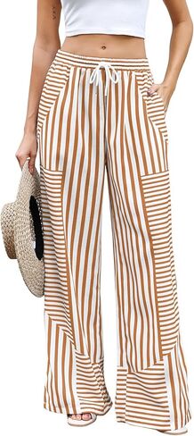 ZAFUL Womens Linen Pants Wide Leg Casual Palazzo Pants Striped Casual Drawstring Elastic Waisted Lounge Trousers with Pockets in Saudi Arabia
