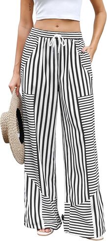 ZAFUL Womens Linen Pants Wide Leg Casual Palazzo Pants Striped Casual Drawstring Elastic Waisted Lounge Trousers with Pockets in Saudi Arabia