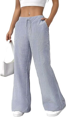 ZAFUL Womens Linen Pants Wide Leg Casual Palazzo Pants Striped Casual Drawstring Elastic Waisted Lounge Trousers with Pockets in Saudi Arabia