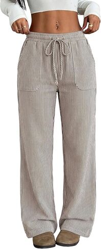 ZAFUL Womens Linen Pants Wide Leg Casual Palazzo Pants Striped Casual Drawstring Elastic Waisted Lounge Trousers with Pockets in Saudi Arabia
