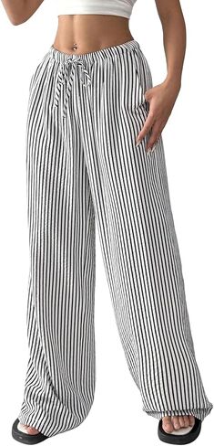 ZAFUL Womens Linen Pants Wide Leg Casual Palazzo Pants Striped Casual Drawstring Elastic Waisted Lounge Trousers with Pockets in Saudi Arabia