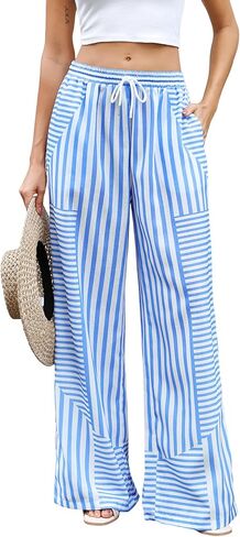 ZAFUL Womens Linen Pants Wide Leg Casual Palazzo Pants Striped Casual Drawstring Elastic Waisted Lounge Trousers with Pockets in Saudi Arabia
