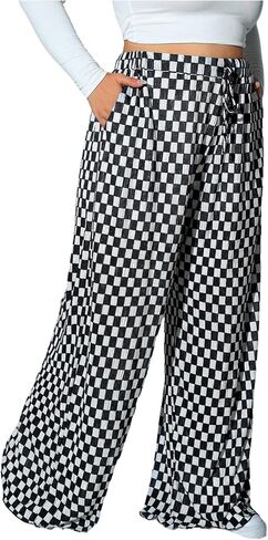 SOLY HUX Women's Plus Size Plaid Checkered Wide Leg Pants Tie Front High Waisted Baggy Pants Trousers with Pockets in Kuwait