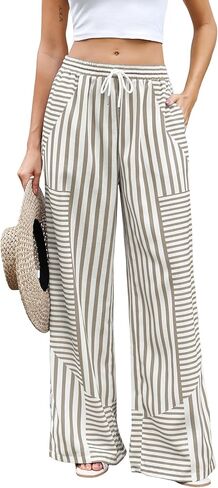 ZAFUL Womens Linen Pants Wide Leg Casual Palazzo Pants Striped Casual Drawstring Elastic Waisted Lounge Trousers with Pockets in Saudi Arabia