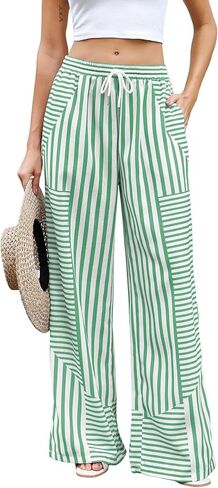 ZAFUL Womens Linen Pants Wide Leg Casual Palazzo Pants Striped Casual Drawstring Elastic Waisted Lounge Trousers with Pockets in Saudi Arabia