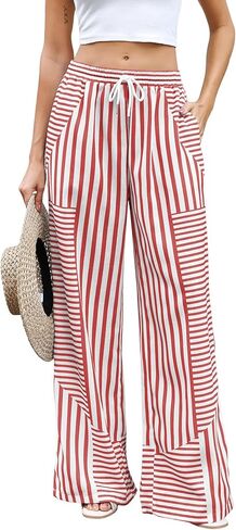 ZAFUL Womens Linen Pants Wide Leg Casual Palazzo Pants Striped Casual Drawstring Elastic Waisted Lounge Trousers with Pockets in Saudi Arabia