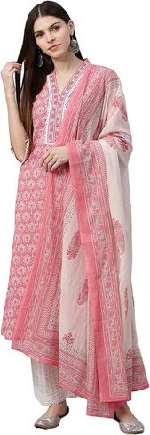 rytras Women's Rayon Printed Straight Kurti with Palazzos and Dupatta Set (RYT293_Pink_Large) in Saudi Arabia