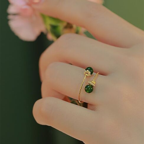 Double Hetian Jade Wrap Open Statement Ring for Women Lucky Green Natural Gemstone Finger Adjustable Gold Plated Thin Band Rings Good Luck Round Dainty Stacking Wedding Valentine Fashion Jewelry Gift in Saudi Arabia