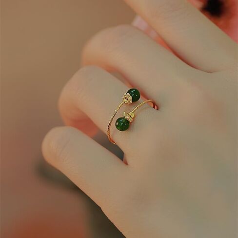 Double Hetian Jade Wrap Open Statement Ring for Women Lucky Green Natural Gemstone Finger Adjustable Gold Plated Thin Band Rings Good Luck Round Dainty Stacking Wedding Valentine Fashion Jewelry Gift in Saudi Arabia