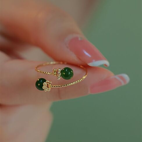 Double Hetian Jade Wrap Open Statement Ring for Women Lucky Green Natural Gemstone Finger Adjustable Gold Plated Thin Band Rings Good Luck Round Dainty Stacking Wedding Valentine Fashion Jewelry Gift in Saudi Arabia