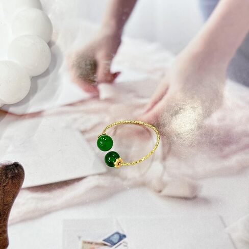 Double Hetian Jade Wrap Open Statement Ring for Women Lucky Green Natural Gemstone Finger Adjustable Gold Plated Thin Band Rings Good Luck Round Dainty Stacking Wedding Valentine Fashion Jewelry Gift in Saudi Arabia
