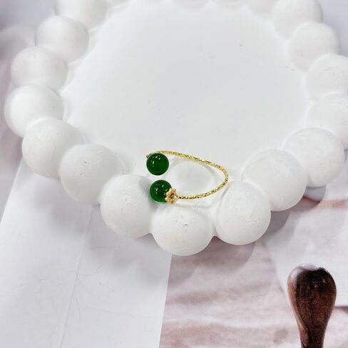Double Hetian Jade Wrap Open Statement Ring for Women Lucky Green Natural Gemstone Finger Adjustable Gold Plated Thin Band Rings Good Luck Round Dainty Stacking Wedding Valentine Fashion Jewelry Gift in Saudi Arabia
