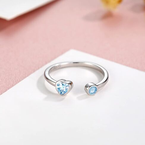 Sterling Silver Birthstone Rings Women, Adjustable Heart Ring Stackable Finger Open Rings Wedding Engagement Promise Eternity Bands with Cubic Zirconia CZ, Birthday Jewelry Gift Size 5-10 in Saudi Arabia