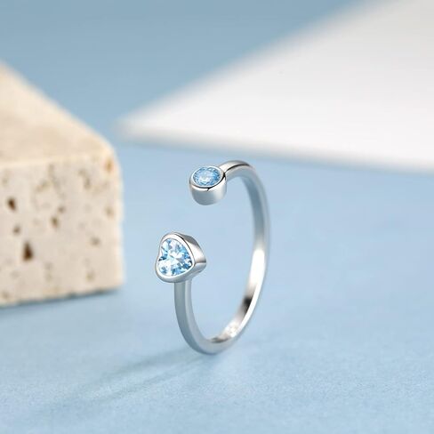 Sterling Silver Birthstone Rings Women, Adjustable Heart Ring Stackable Finger Open Rings Wedding Engagement Promise Eternity Bands with Cubic Zirconia CZ, Birthday Jewelry Gift Size 5-10 in Saudi Arabia