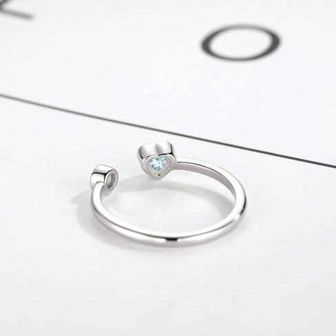 Sterling Silver Birthstone Rings Women, Adjustable Heart Ring Stackable Finger Open Rings Wedding Engagement Promise Eternity Bands with Cubic Zirconia CZ, Birthday Jewelry Gift Size 5-10 in Saudi Arabia