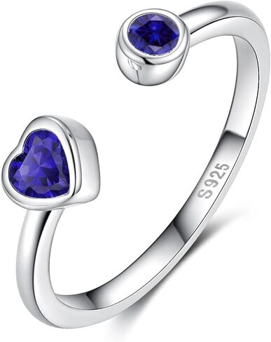 Sterling Silver Birthstone Rings Women, Adjustable Heart Ring Stackable Finger Open Rings Wedding Engagement Promise Eternity Bands with Cubic Zirconia CZ, Birthday Jewelry Gift Size 5-10 in Saudi Arabia
