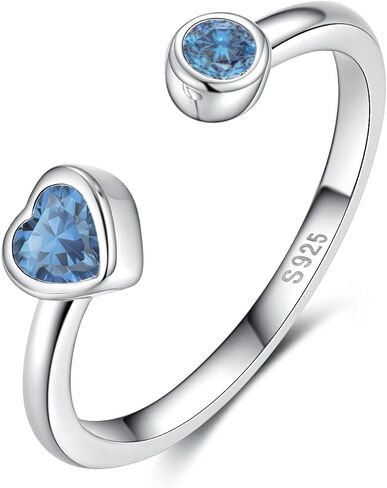 Sterling Silver Birthstone Rings Women, Adjustable Heart Ring Stackable Finger Open Rings Wedding Engagement Promise Eternity Bands with Cubic Zirconia CZ, Birthday Jewelry Gift Size 5-10 in Saudi Arabia
