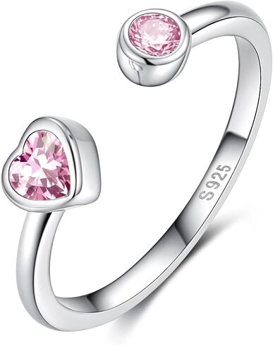 Sterling Silver Birthstone Rings Women, Adjustable Heart Ring Stackable Finger Open Rings Wedding Engagement Promise Eternity Bands with Cubic Zirconia CZ, Birthday Jewelry Gift Size 5-10 in Saudi Arabia