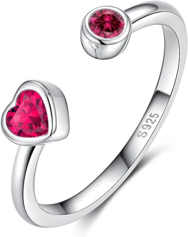 Sterling Silver Birthstone Rings Women, Adjustable Heart Ring Stackable Finger Open Rings Wedding Engagement Promise Eternity Bands with Cubic Zirconia CZ, Birthday Jewelry Gift Size 5-10 in Saudi Arabia