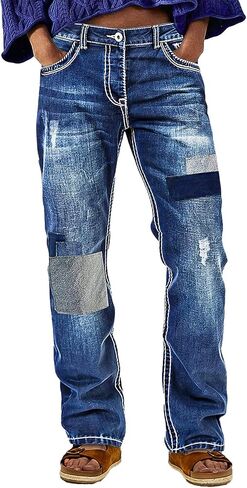 Flamingals Straight Leg Mid Rise ​​Denim Pants Wash Ripped Patched with Pockets Jeans for Women in Saudi Arabia