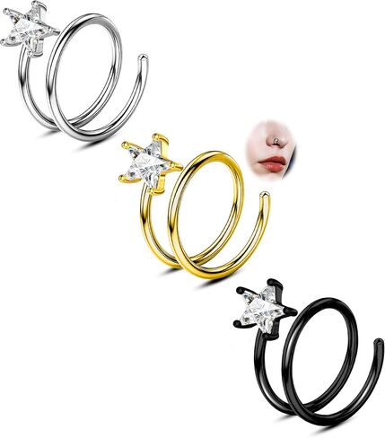 CM Crareesi Mania 3PCS Double Nose Ring Hoop for Single Piercing Pack, 316L Stainless Steel Spiral Twist Nose Hoop, 18G Nose Piercing Hoop for Women Clear CZ Twist Nose Ring in Saudi Arabia