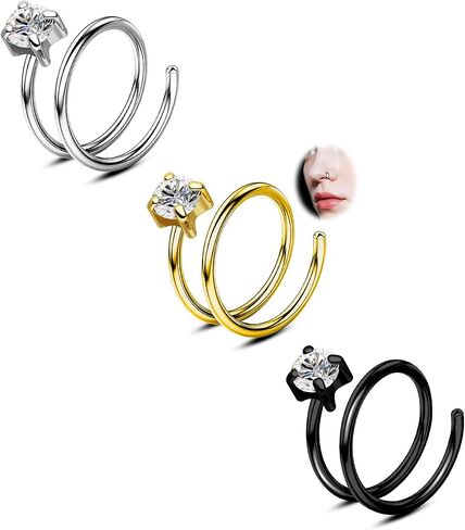CM Crareesi Mania 3PCS Double Nose Ring Hoop for Single Piercing Pack, 316L Stainless Steel Spiral Twist Nose Hoop, 18G Nose Piercing Hoop for Women Clear CZ Twist Nose Ring in Saudi Arabia