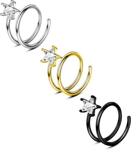 CM Crareesi Mania 3PCS Double Nose Ring Hoop for Single Piercing Pack, 316L Stainless Steel Spiral Twist Nose Hoop, 18G Nose Piercing Hoop for Women Clear CZ Twist Nose Ring in Saudi Arabia