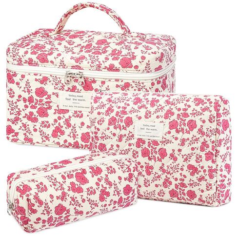 senbowe Floral Makeup Bag, 3 Pack Large Cotton Quilted Makeup Bag Set, Cute Floral Coquette Aesthetic Toiletry Bag Make Up Cosmetic Bag for Women, Toiletry Travel Make Up Organizer Bag in Kuwait