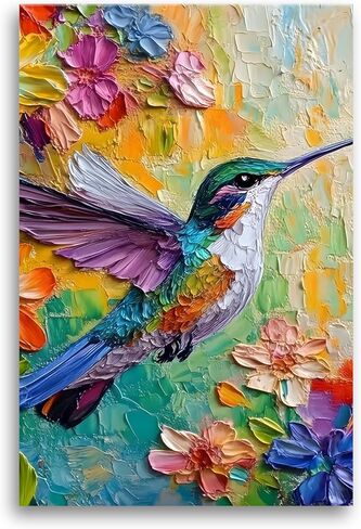 2D No Texture Colorful Painting Hummingbird Canvas Wall Art, Spring Flower Wall Decor, Hummingbird Picture for Wall Living Room Bathroom Bedroom Home Decoration 12*18 in (Stretched Canvas on A Wooden Frame) in Kuwait