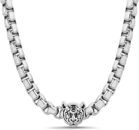 True Religion Tiger Head Pendant 22 Inch Long 6mm Thick Box Chain Necklace for Men Rhodium Plated Brass in Saudi Arabia