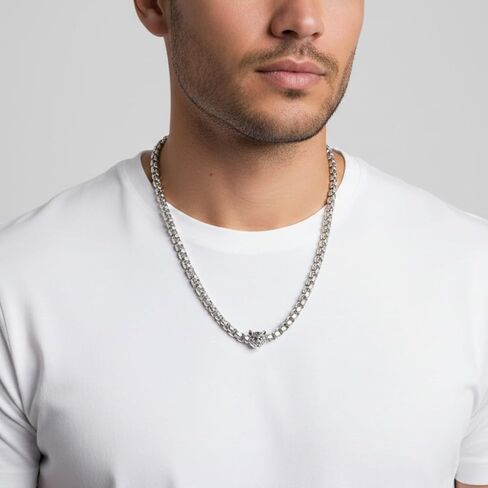 True Religion Tiger Head Pendant 22 Inch Long 6mm Thick Box Chain Necklace for Men Rhodium Plated Brass in Saudi Arabia