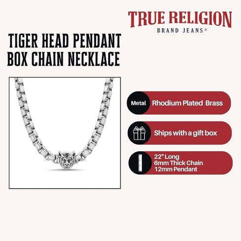 True Religion Tiger Head Pendant 22 Inch Long 6mm Thick Box Chain Necklace for Men Rhodium Plated Brass in Saudi Arabia