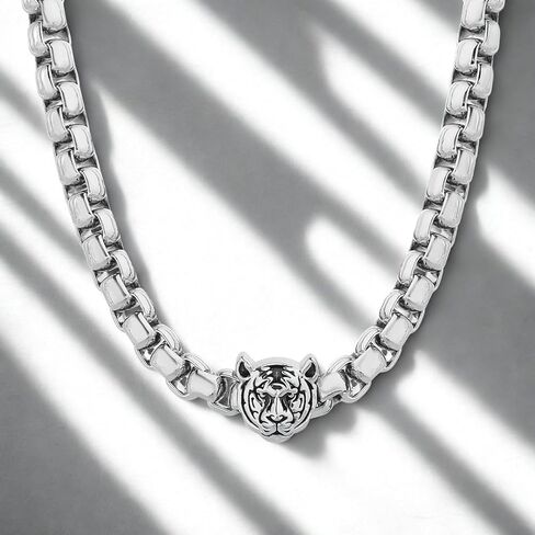 True Religion Tiger Head Pendant 22 Inch Long 6mm Thick Box Chain Necklace for Men Rhodium Plated Brass in Saudi Arabia