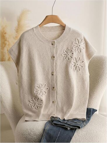 GORGLITTER Women's Plus Size Cardigan Sweater Boho Floral Button Down Cap Sleeve Open Front Knit Cardigan in Saudi Arabia