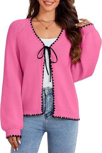 Women's Cardigan Tie Front Sweater Long Sleeves Knit Chunky V Neck Trendy Cardigans in Saudi Arabia