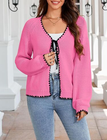 Women's Cardigan Tie Front Sweater Long Sleeves Knit Chunky V Neck Trendy Cardigans in Saudi Arabia