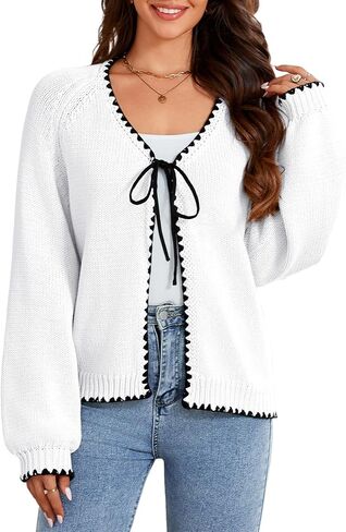 Women's Cardigan Tie Front Sweater Long Sleeves Knit Chunky V Neck Trendy Cardigans in Saudi Arabia