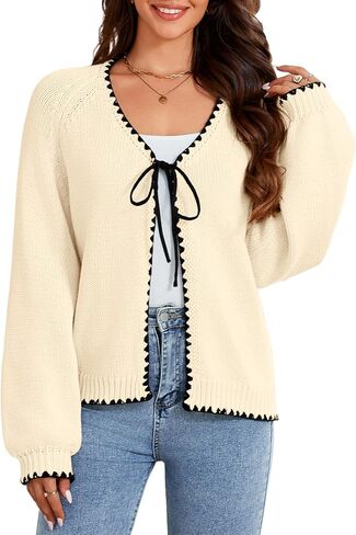 Women's Cardigan Tie Front Sweater Long Sleeves Knit Chunky V Neck Trendy Cardigans in Saudi Arabia