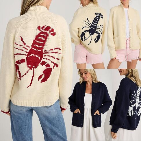 UEHCNFU Women's Casual Shawl Collar Cardigan Sweater Long Sleeve Lobster Print Button Down Knitwear for Fall Winter in Saudi Arabia