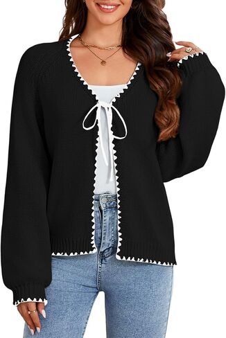 Women's Cardigan Tie Front Sweater Long Sleeves Knit Chunky V Neck Trendy Cardigans in Saudi Arabia