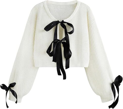 Floerns Women's Long Sleeve Bow Tie Front Knitted Cardigans Drop Shoulder Crop Sweaters in Saudi Arabia