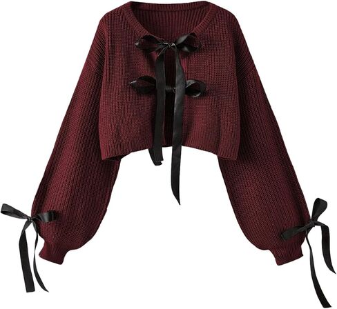 Floerns Women's Long Sleeve Bow Tie Front Knitted Cardigans Drop Shoulder Crop Sweaters in Saudi Arabia