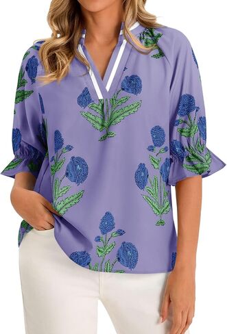 Cicy Bell Womens Boho Floral Blouses Puff Ruffle Sleeve V Neck Summer Shirts Dressy Casual Flowy Blouse Tops in Saudi Arabia