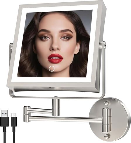 Rechargeable Wall Mounted Makeup Mirror with Lights, 4000mAh Double Sided 1X/10X Magnifying Vanity Mirror with 3 Color Lights, Touch Dimmable, 360° Extension Foldable Arm (Matte Black) in Saudi Arabia