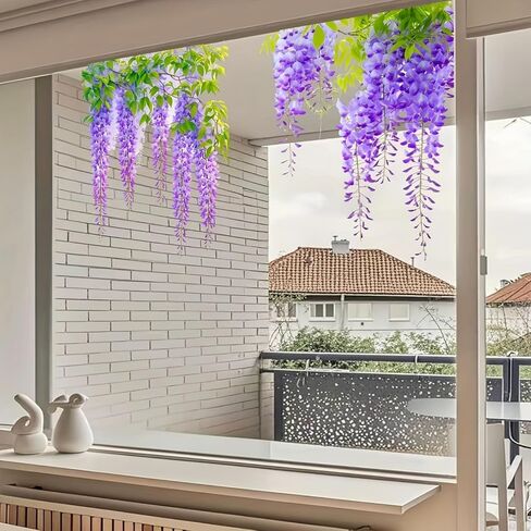 Wisteria Vine Floral Window Stickers - Self-Adhesive Removable PVC Decals | Vibrant Purple Flowers & Green Leaves | for Living Room, Bedroom, Bathroom Glass | Whimsical Garden Aesthetic Decor in Saudi Arabia