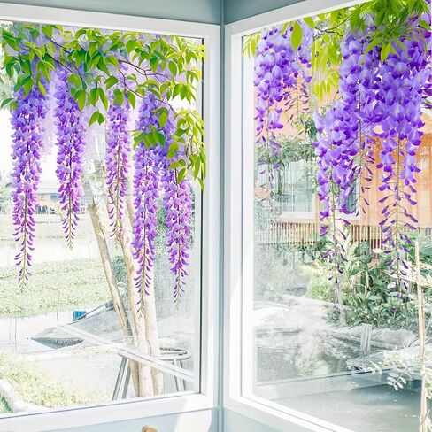 Wisteria Vine Floral Window Stickers - Self-Adhesive Removable PVC Decals | Vibrant Purple Flowers & Green Leaves | for Living Room, Bedroom, Bathroom Glass | Whimsical Garden Aesthetic Decor in Saudi Arabia