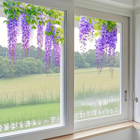 Wisteria Vine Floral Window Stickers - Self-Adhesive Removable PVC Decals | Vibrant Purple Flowers & Green Leaves | for Living Room, Bedroom, Bathroom Glass | Whimsical Garden Aesthetic Decor in Saudi Arabia