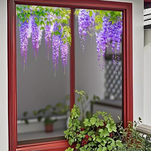Wisteria Vine Floral Window Stickers - Self-Adhesive Removable PVC Decals | Vibrant Purple Flowers & Green Leaves | for Living Room, Bedroom, Bathroom Glass | Whimsical Garden Aesthetic Decor in Saudi Arabia