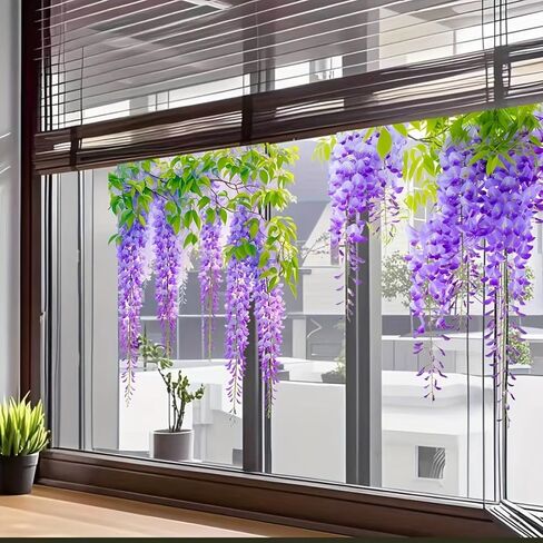 Wisteria Vine Floral Window Stickers - Self-Adhesive Removable PVC Decals | Vibrant Purple Flowers & Green Leaves | for Living Room, Bedroom, Bathroom Glass | Whimsical Garden Aesthetic Decor in Saudi Arabia